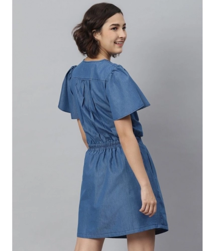 Women's Denim Solid Flutter Above Knee Dress (Blue)