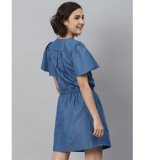 Women's Denim Solid Flutter Above Knee Dress (Blue)