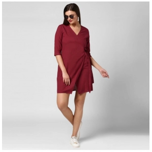 Generic Women's Cotton Solid 3-4th Sleeves Above Knee Dress (Maroon)