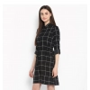 Dropship Women's Polyester Checkered Roll Up Sleeve Above Knee Dress (Black - White)