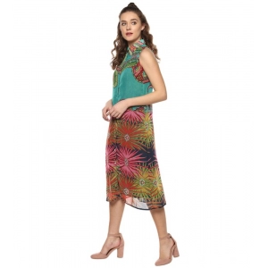 Generic Women's Polyester Floral Sleeveless Below Knee Dress (Multicolor)