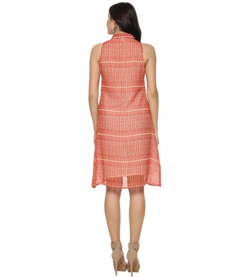 Women's Polyester Printed Sleeveless Above Knee Dress (Orange)