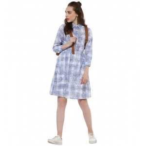 Generic Women's Cotton Checkered Roll Up Sleeve Above Knee Dress (Blue)