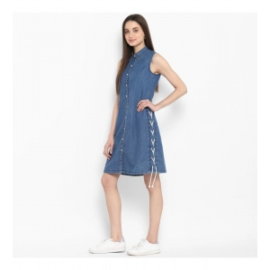 Generic Women's Denim Solid Sleeveless Above Knee Dress (Blue)