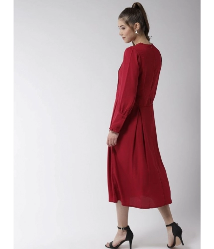 Women's Polyester Pintuck Long Sleeves Below Knee Dress (Red)