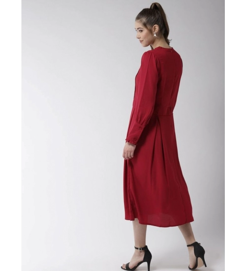 Women's Polyester Pintuck Long Sleeves Below Knee Dress (Red)