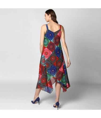 Women's Polyester Asymmetrical Shoulder Straps Knee-Length Dress (Multicolor)