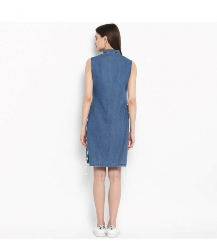 Women's Denim Solid Sleeveless Above Knee Dress (Blue)