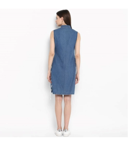Women's Denim Solid Sleeveless Above Knee Dress (Blue)