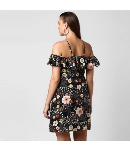 Women's Polyester Floral Cold Shoulder Above Knee Dress (Black)