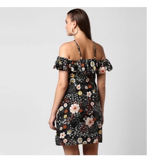 Women's Polyester Floral Cold Shoulder Above Knee Dress (Black)