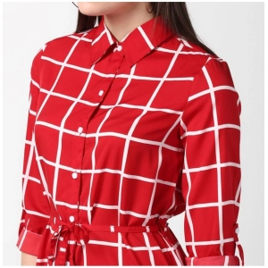 Generic Women's Polyester Checkered Long Sleeves Above Knee Dress (Red)