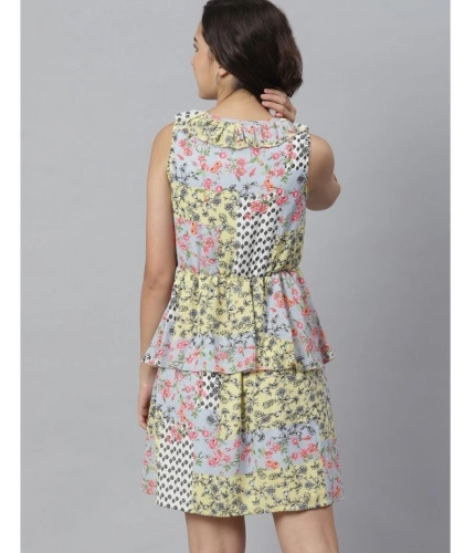 Women's Polyester Peplum Sleeveless Above Knee Dress (Multicolor)