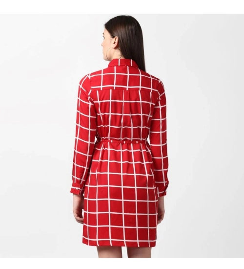 Women's Polyester Checkered Long Sleeves Above Knee Dress (Red)