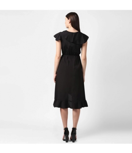 Women's Polyester Ruffled Cap Sleeve Knee-Length Dress (Black)