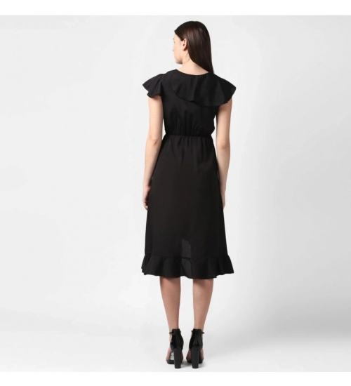 Women's Polyester Ruffled Cap Sleeve Knee-Length Dress (Black)