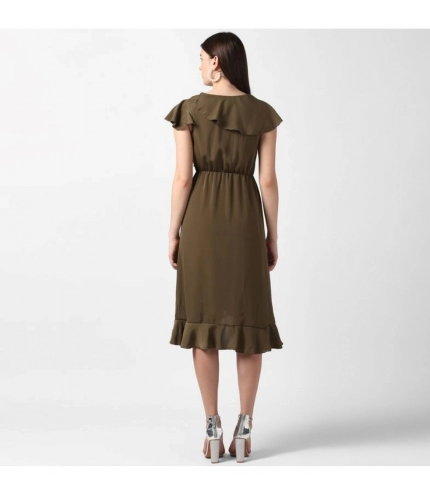 Women's Polyester Ruffled Cap Sleeve Knee-Length Dress (Olive)