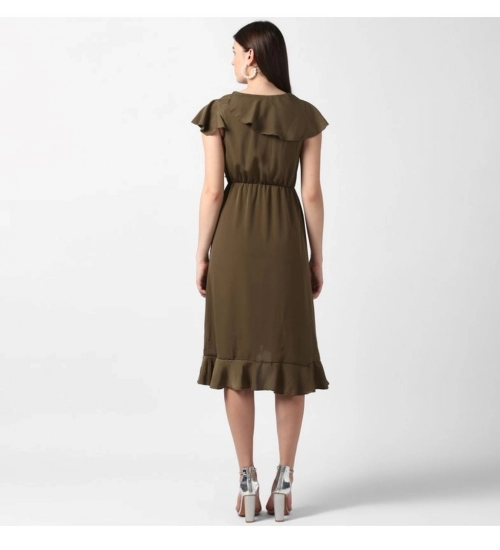 Women's Polyester Ruffled Cap Sleeve Knee-Length Dress (Olive)
