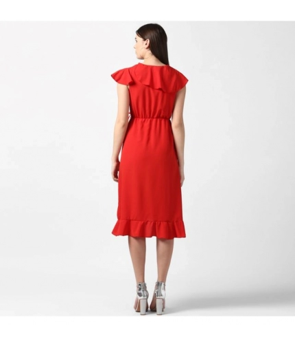 Women's Polyester Ruffled Cap Sleeve Knee-Length Dress (Red)