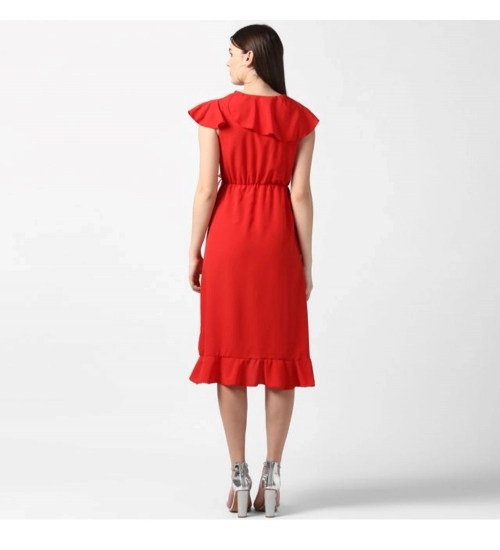 Women's Polyester Ruffled Cap Sleeve Knee-Length Dress (Red)