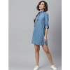 Dropship Women's Denim Solid Long Sleeves Above Knee Dress (Ice Blue)