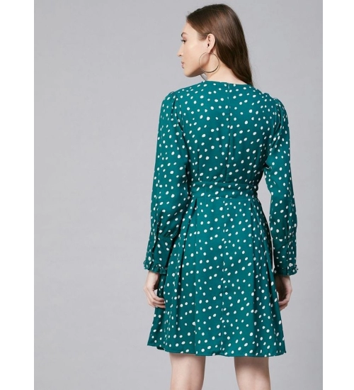 Women's Polyester Polka Long Sleeves Above Knee Dress (Green - White)