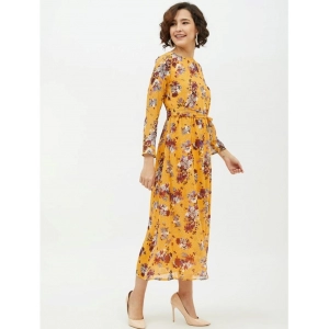 Generic Women's Polyester Floral Long Sleeves Calf-length Dress (Multicolor)