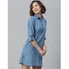Dropship Women's Denim Solid Long Sleeves Above Knee Dress (Ice Blue)