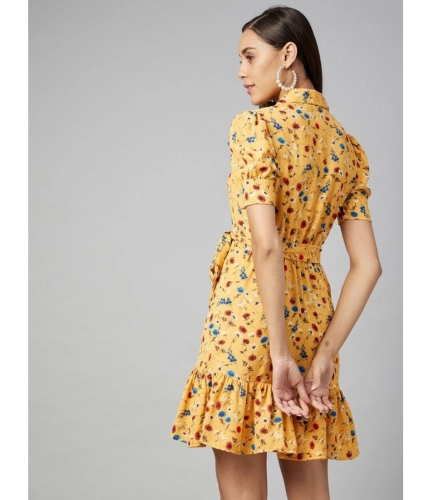 Women's Polyester Floral Short Sleeve Above Knee Dress (Yellow)
