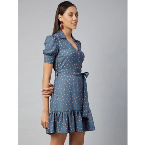 Generic Women's Polyester Polka Short Sleeve Above Knee Dress (Grey - Coral)