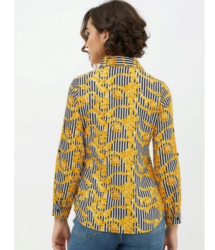 Women's Polyester Printed Roll Up Sleeve Standard Length Shirt (Mustared)