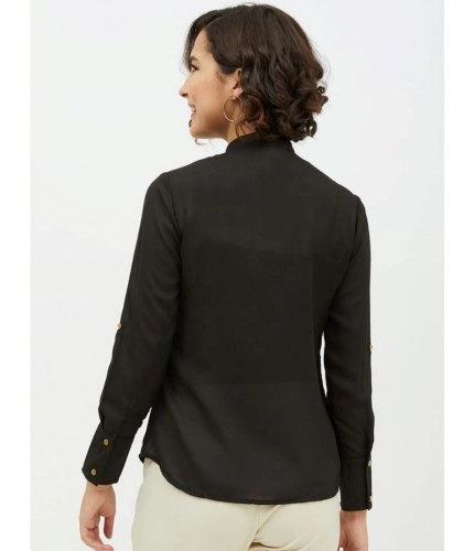 Women's Polyester Ruffled Long Sleeves Standard Length Shirt (Black)