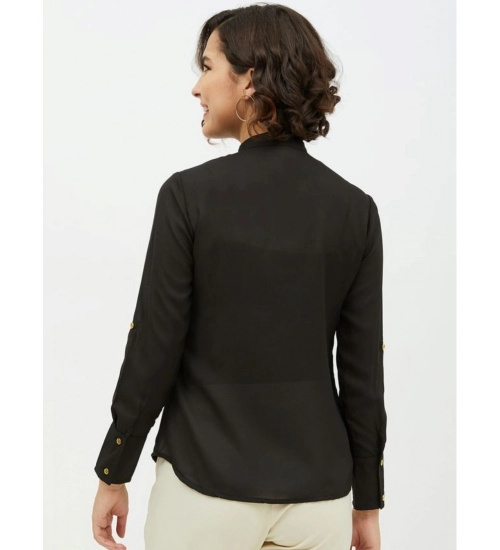 Women's Polyester Ruffled Long Sleeves Standard Length Shirt (Black)