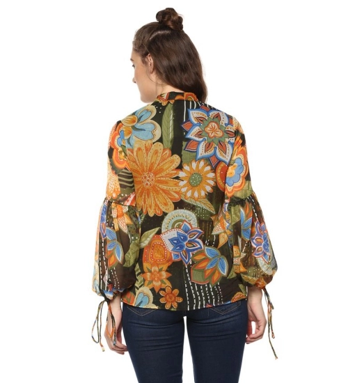 Women's Polyester Floral Balloon Sleeve Top (Mustard - Olive)