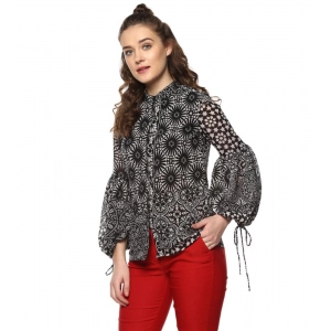 Generic Women's Polyester Printed Balloon Sleeve Top (Black - White)