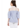 Women's Cotton Striped Cold Shoulder Top (Blue) Women's Cotton Striped Cold Shoulder Top (Blue)