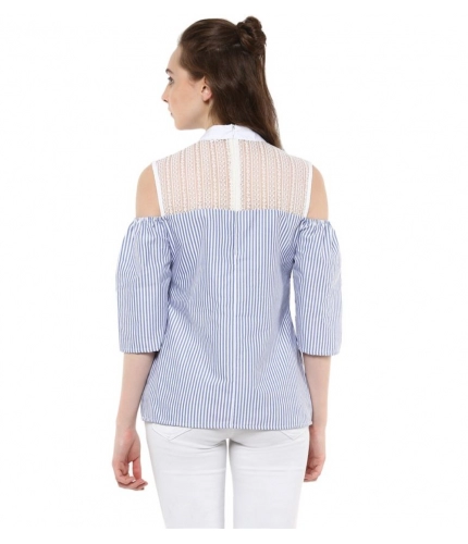 Women's Cotton Striped Cold Shoulder Top (Blue)