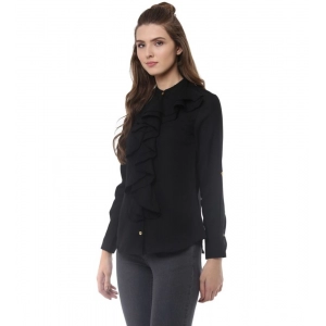 Generic Women's Polyester Ruffled Long Sleeves Top (Black)