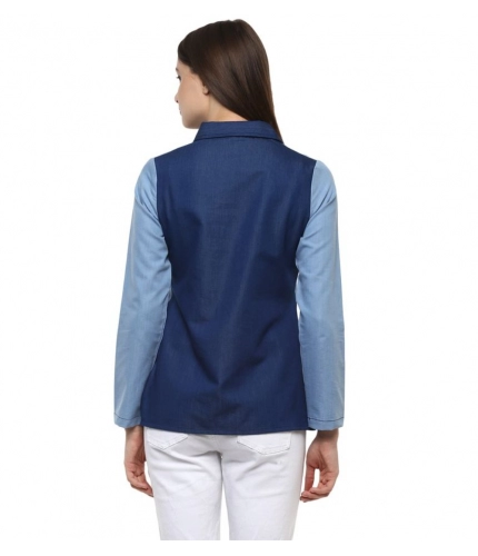 Women's Denim Patch Work Long Sleeves Regular Top (Blue)