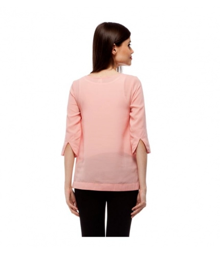 Women's Polyester Solid 3-4th Sleeves Regular Top (Peach)