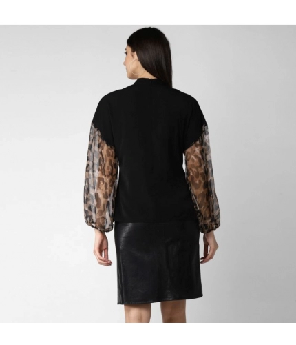 Women's Polyester Animal Print Long Sleeves Top (Black)