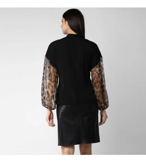 Women's Polyester Animal Print Long Sleeves Top (Black)