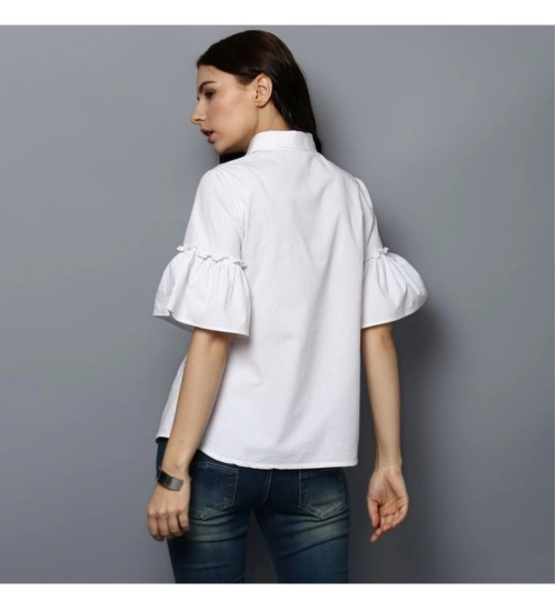 Women's Cotton Solid Bell Sleeve Top (White)