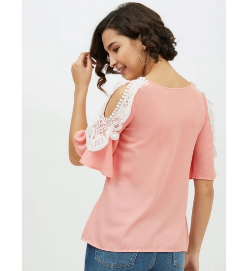 Women's Polyester Lace Inserts Cold Shoulder Top (Pink)