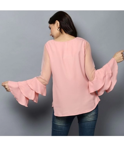 Women's Polyester Solid Tier Sleeve Top (Pink)