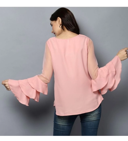 Women's Polyester Solid Tier Sleeve Top (Pink)