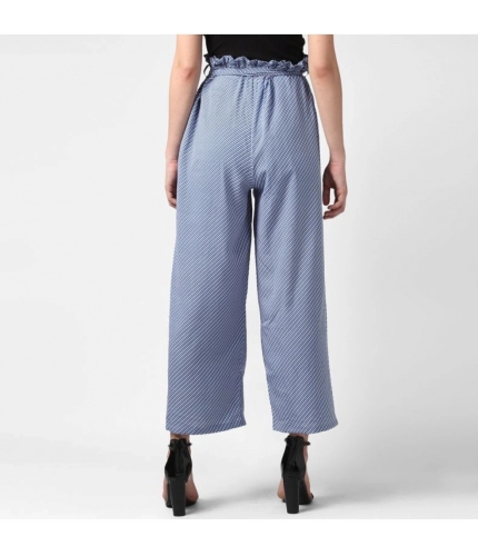 Women's Polyester Striped Elasticated Trousers (Blue)