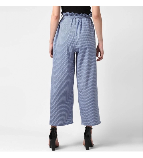 Women's Polyester Striped Elasticated Trousers (Blue)