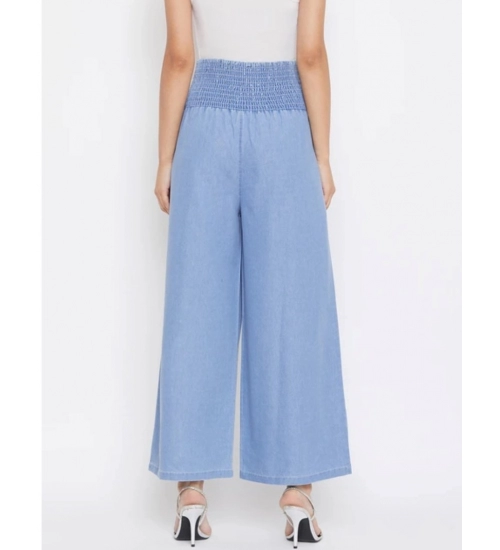 Women's Denim Solid Smocked Trousers (Blue)