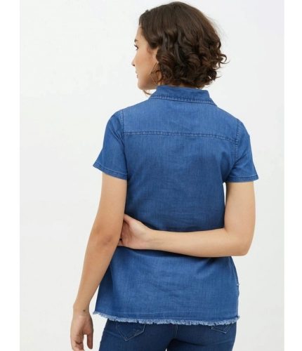 Women's Denim Peplum Short Sleeve Top (Blue)